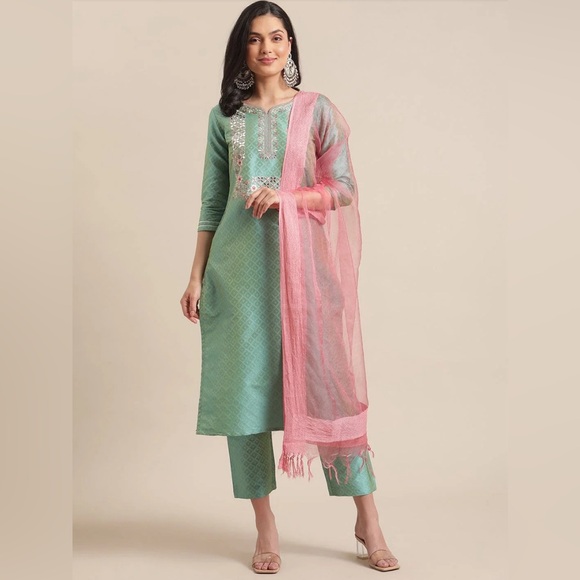 Sea Green Floral Embroidery Kurta Set With Bhaglpuri Silk Dupatta, size XXL - Picture 1 of 9